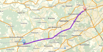От МКАД до Краснознаменска примерно 30 км. Посмотреть на карте.